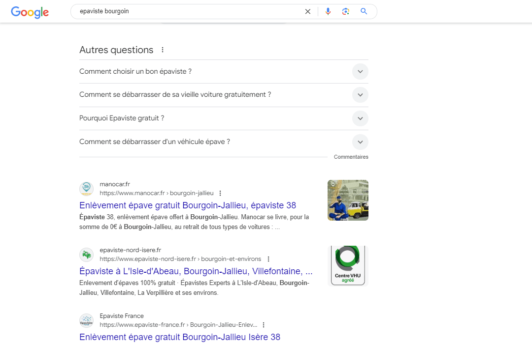 Capture d'ecran recherche google épaviste Bourgoin