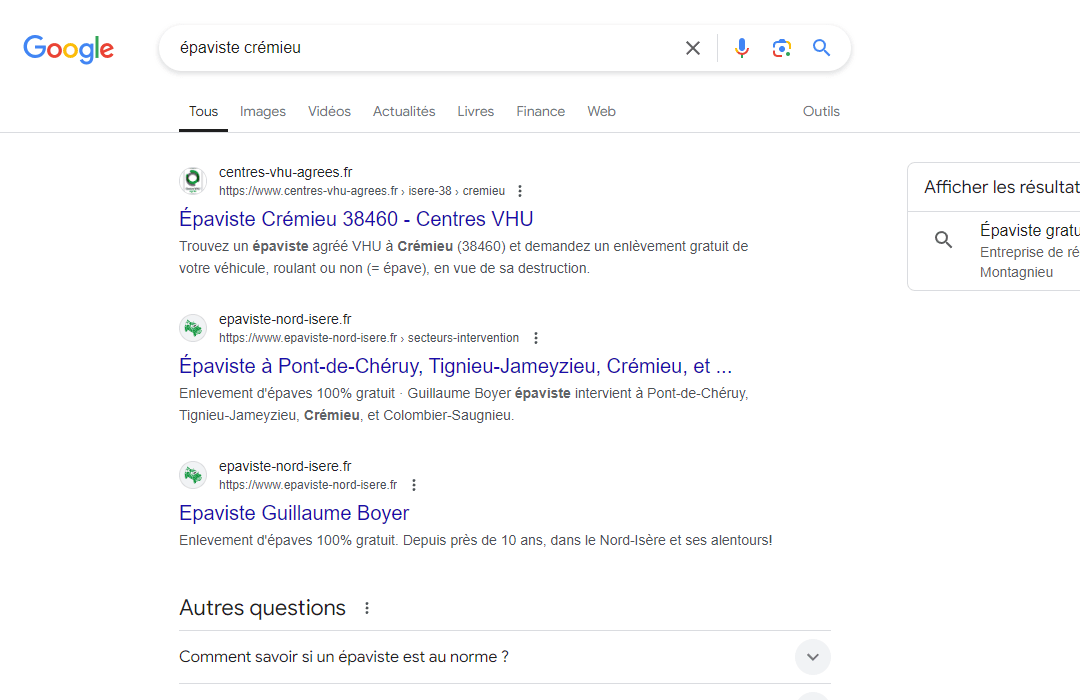 Capture d'ecran recherche google épaviste Crémieu