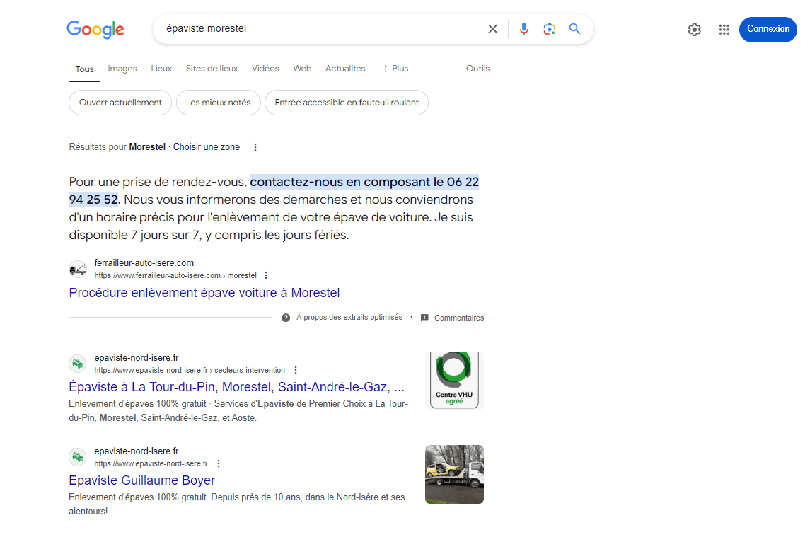 Capture d'ecran recherche google épaviste Morestel